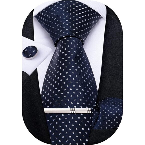 🆕Men Blue Plaid Silk Checkered Necktie Pocket Square Cufflinks Tie Clip Set